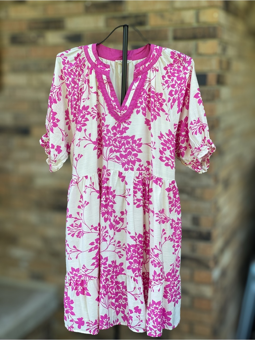 Umgee Pink Floral Tiered Midi Dress Large Puff Sleeve Pockets Cottagecore